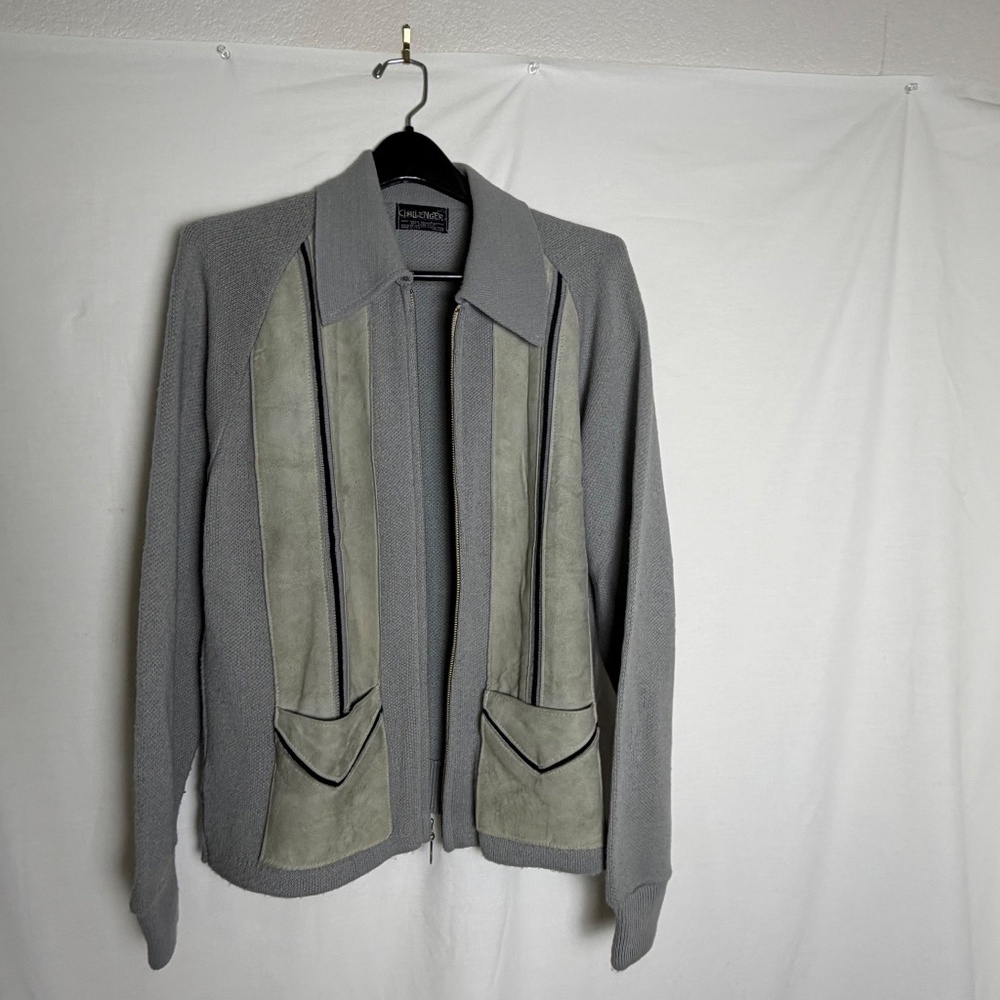 Men's Vintage Challenger Gray Suede Trimmed Zip Up Cardigan Sweater Size L